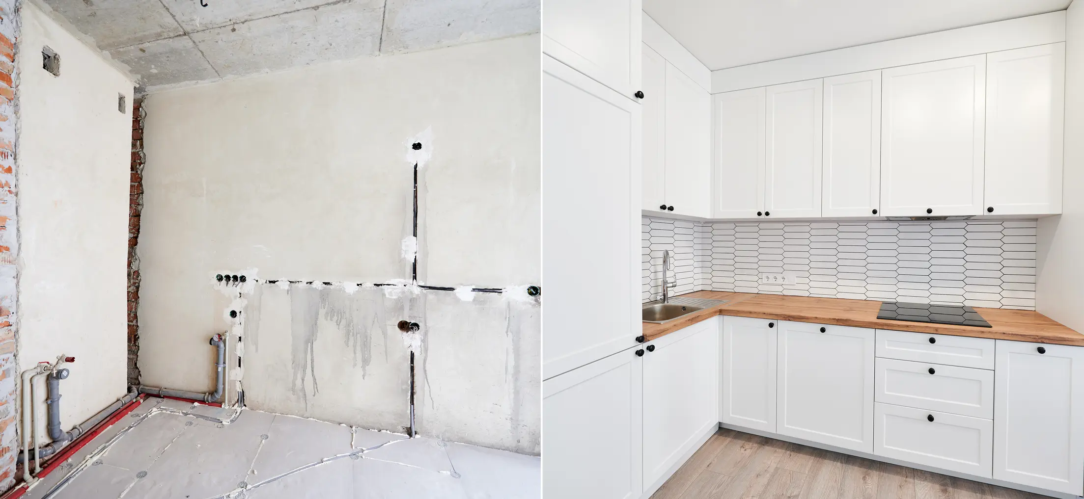 Antes y después de reforma integral de cocina en Lleida, cambio de azulejos, muebles y encimera